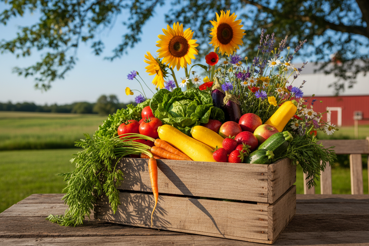 box full of fruits, vegetables and flowers