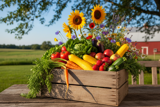 box full of fruits, vegetables and flowers